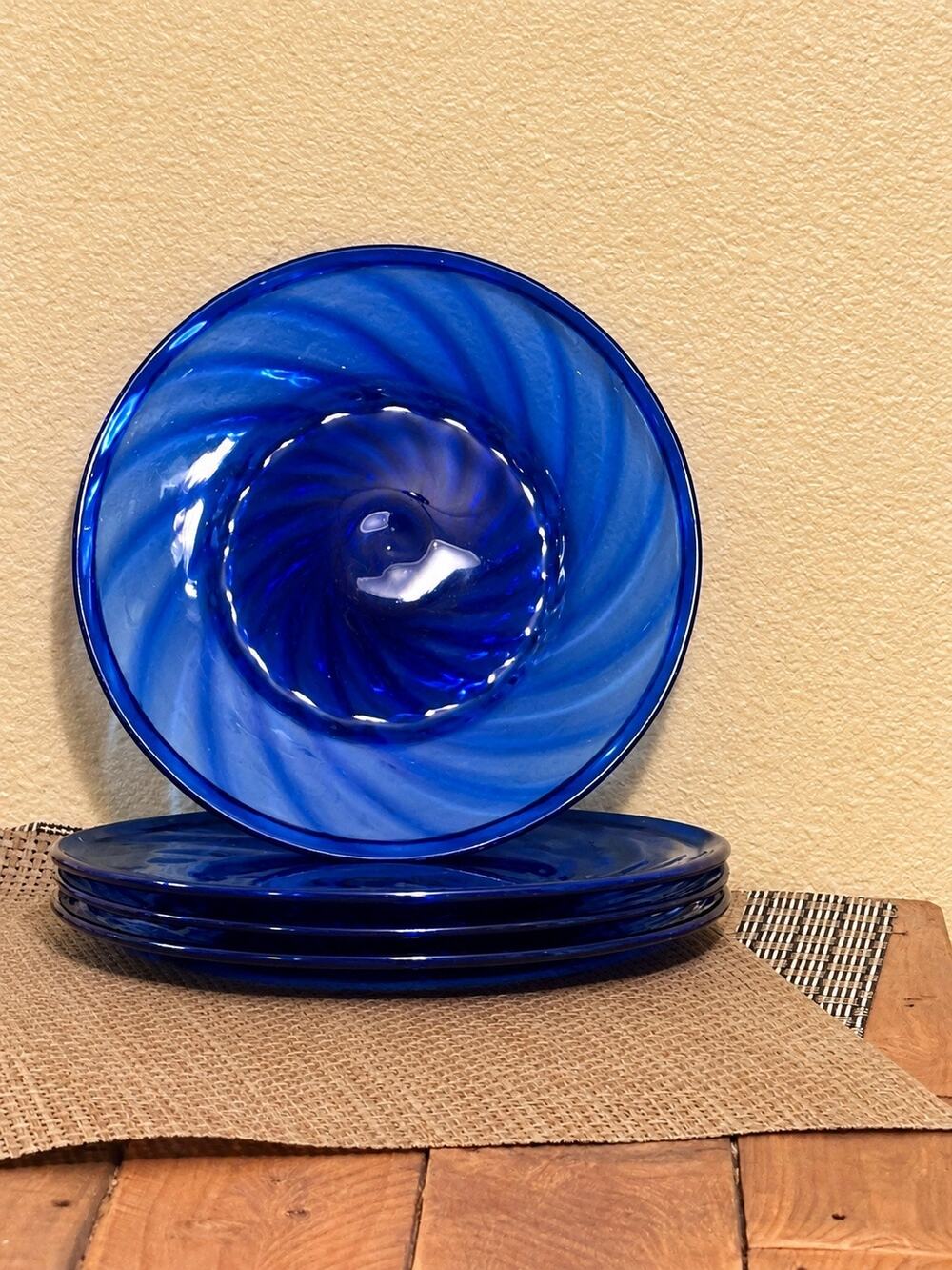1990’s Vintage Cobalt Blue Glass Plates, Hand Blown Set of 4
